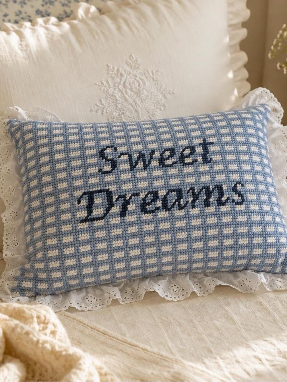 Magaschoni Sweet Dreams Blue Gingham Lace Decorative Pillow NWT